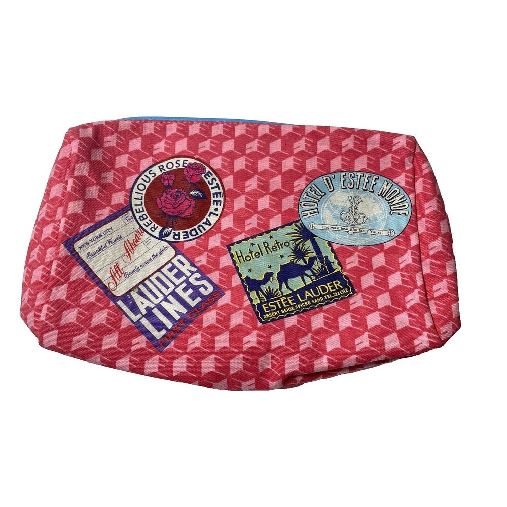 Estee Lauder Makeup Cosmetic Zipper Travel Bag Pink Stamped New york NWT VTG